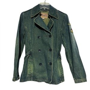 MUDD Y2K 90s Patch Double‎ Breasted Denim Jean Jacket Coat Size Small Basic